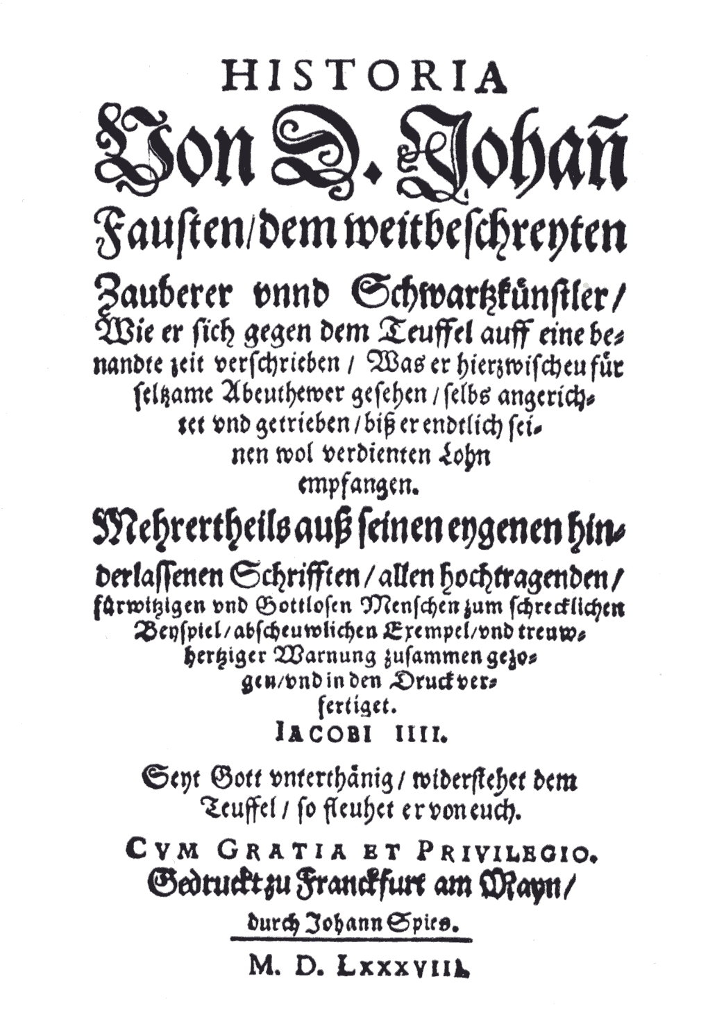 Титульный лист первого издания народной книги Шписа "История о докторе Иоганне Фаусте, знаменитом чародее и чернокнижнике" (1587)