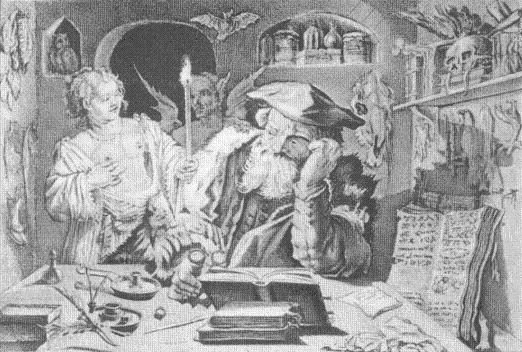 Фауст, Мефистофель и Елена. Рисунок пером Адриана Матама (середина XVII века)