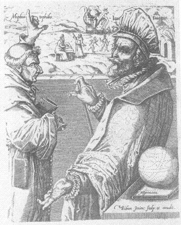 Фауст и Мефистофель в одежде монаха. Гравюра И. Сихема (XVII век)