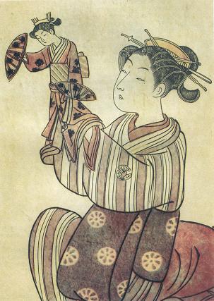 Харунобу (1725-1770). Гетера с куклой. Цветная гравюра