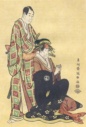 Сяраку (ум. 1801). Портрет актеров Кабуки. Цветная гравюра. 1794 г.